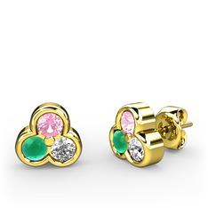 Pembe kuvars, kök zümrüt ve swarovski 18 ayar altın küpe