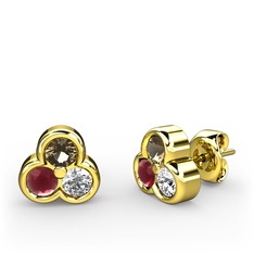 Mini Tria Küpe - Dumanlı kuvars, kök yakut ve swarovski 8 ayar altın küpe #18xkejj