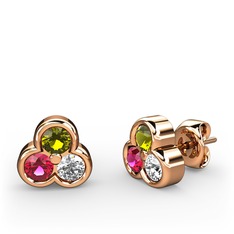 Mini Tria Küpe - Peridot, rodolit garnet ve pırlanta 925 ayar rose altın kaplama gümüş küpe (0.22 karat) #193tkvp