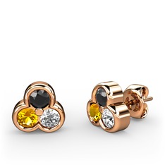 Mini Tria Küpe - Siyah zirkon, sitrin ve pırlanta 14 ayar rose altın küpe (0.22 karat) #19kjr6x