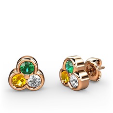 Mini Tria Küpe - Yeşil kuvars, sitrin ve pırlanta 14 ayar rose altın küpe (0.22 karat) #19oma8y