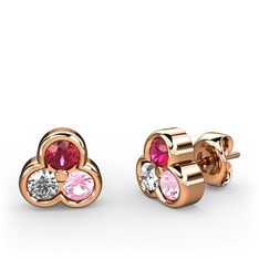 Mini Tria Küpe - Rodolit garnet, swarovski ve pembe kuvars 14 ayar rose altın küpe #19tvqql