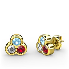 Mini Tria Küpe - Akuamarin, beyaz zirkon ve garnet 18 ayar altın küpe #19vb7rb