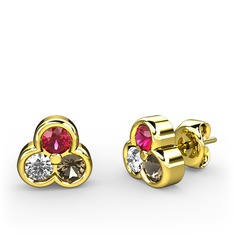 Mini Tria Küpe - Rodolit garnet, swarovski ve dumanlı kuvars 8 ayar altın küpe #19x04mi