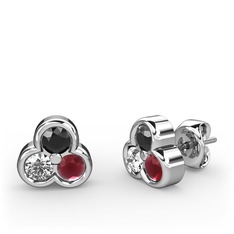 Mini Tria Küpe - Siyah zirkon, beyaz zirkon ve kök yakut 18 ayar beyaz altın küpe #1a4f2ik