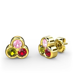 Pembe kuvars, peridot ve garnet 18 ayar altın küpe