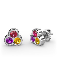 Mini Tria Küpe - Rodolit garnet, ametist ve sitrin 8 ayar beyaz altın küpe #1amhhi9