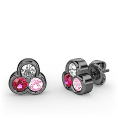 Mini Tria Küpe - Pırlanta, rodolit garnet ve pembe kuvars 925 ayar siyah rodyum kaplama gümüş küpe (0.22 karat) #1b4av3f