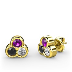 Mini Tria Küpe - Ametist, siyah zirkon ve pırlanta 14 ayar altın küpe (0.22 karat) #1bbn5ja