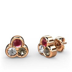 Mini Tria Küpe - Kök yakut, swarovski ve dumanlı kuvars 14 ayar rose altın küpe #1bh60t3