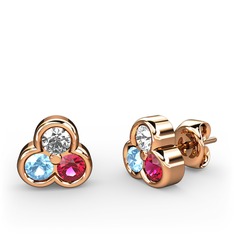 Beyaz zirkon, akuamarin ve rodolit garnet 18 ayar rose altın küpe