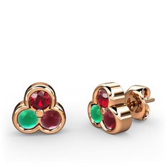 Mini Tria Küpe - Garnet, kök zümrüt ve kök yakut 14 ayar rose altın küpe #1bm90kk