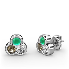 Kök zümrüt, dumanlı kuvars ve swarovski 8 ayar beyaz altın küpe