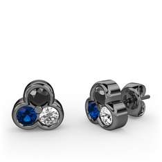 Mini Tria Küpe - Siyah zirkon, lab safir ve swarovski 925 ayar siyah rodyum kaplama gümüş küpe #1bswfg3