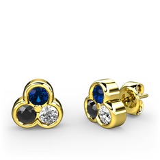 Lab safir, siyah zirkon ve swarovski 14 ayar altın küpe