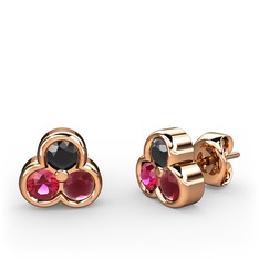 Mini Tria Küpe - Siyah zirkon, rodolit garnet ve kök yakut 8 ayar rose altın küpe #1btm5pl