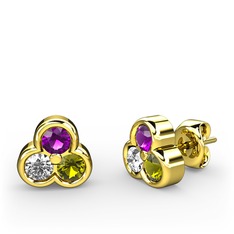 Mini Tria Küpe - Ametist, pırlanta ve peridot 8 ayar altın küpe (0.22 karat) #1byxqv4