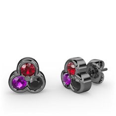 Mini Tria Küpe - Garnet, ametist ve siyah zirkon 925 ayar siyah rodyum kaplama gümüş küpe #1c0hr4z