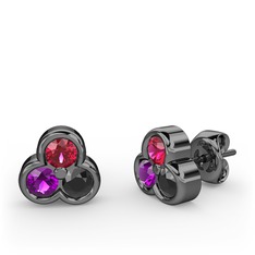 Mini Tria Küpe - Rodolit garnet, ametist ve siyah zirkon 925 ayar siyah rodyum kaplama gümüş küpe #1c5teaw