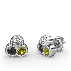Mini Tria Küpe - Pırlanta, siyah zirkon ve peridot 14 ayar beyaz altın küpe (0.22 karat) #1c6f4bg