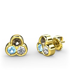 Mini Tria Küpe - Dumanlı kuvars, akuamarin ve swarovski 8 ayar altın küpe #1cby22u