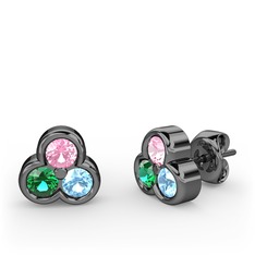 Mini Tria Küpe - Pembe kuvars, yeşil kuvars ve akuamarin 925 ayar siyah rodyum kaplama gümüş küpe #1cnab2w