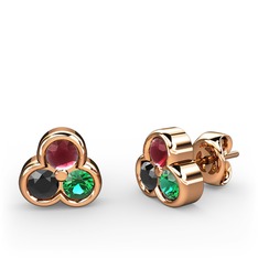 Mini Tria Küpe - Kök yakut, siyah zirkon ve yeşil kuvars 8 ayar rose altın küpe #1d9tcam