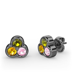 Mini Tria Küpe - Peridot, sitrin ve pembe kuvars 925 ayar siyah rodyum kaplama gümüş küpe #1ddwll7