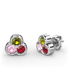 Mini Tria Küpe - Peridot, pembe kuvars ve garnet 18 ayar beyaz altın küpe #1dhy9p1