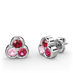 Mini Tria Küpe - Garnet, pembe kuvars ve rodolit garnet 8 ayar beyaz altın küpe #1dki5x3