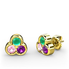 Mini Tria Küpe - Kök zümrüt, pembe kuvars ve ametist 8 ayar altın küpe #1dpsk4o