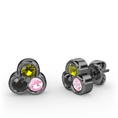 Mini Tria Küpe - Peridot, siyah zirkon ve pembe kuvars 925 ayar siyah rodyum kaplama gümüş küpe #1dqch38