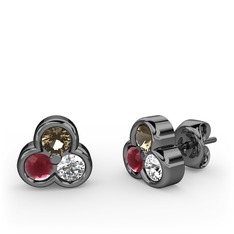 Mini Tria Küpe - Dumanlı kuvars, kök yakut ve pırlanta 925 ayar siyah rodyum kaplama gümüş küpe (0.22 karat) #1e2utbi