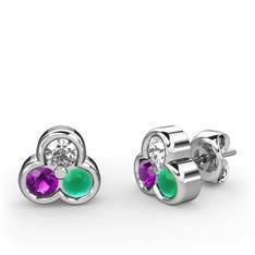 Mini Tria Küpe - Beyaz zirkon, ametist ve kök zümrüt 14 ayar beyaz altın küpe #1ebjxa0