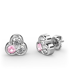 Mini Tria Küpe - Swarovski, pembe kuvars ve beyaz zirkon 18 ayar beyaz altın küpe #1ed416o