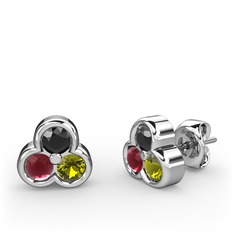 Mini Tria Küpe - Siyah zirkon, kök yakut ve peridot 18 ayar beyaz altın küpe #1edq8pf