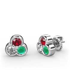 Mini Tria Küpe - Garnet, beyaz zirkon ve kök zümrüt 14 ayar beyaz altın küpe #1eootoc
