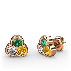 Mini Tria Küpe - Yeşil kuvars, beyaz zirkon ve sitrin 18 ayar rose altın küpe #1er4gm1