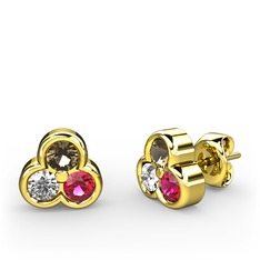 Dumanlı kuvars, pırlanta ve rodolit garnet 8 ayar altın küpe (0.22 karat)