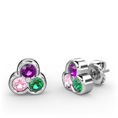 Mini Tria Küpe - Ametist, pembe kuvars ve yeşil kuvars 8 ayar beyaz altın küpe #1ezabju