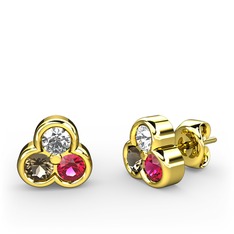 Mini Tria Küpe - Swarovski, dumanlı kuvars ve rodolit garnet 925 ayar altın kaplama gümüş küpe #1ffw4sl