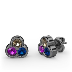 Mini Tria Küpe - Dumanlı kuvars, ametist ve lab safir 925 ayar siyah rodyum kaplama gümüş küpe #1fmvhik