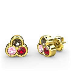 Dumanlı kuvars, pembe kuvars ve garnet 18 ayar altın küpe