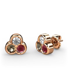 Swarovski, dumanlı kuvars ve kök yakut 14 ayar rose altın küpe