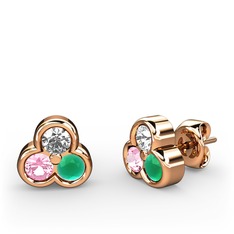 Mini Tria Küpe - Swarovski, pembe kuvars ve kök zümrüt 925 ayar rose altın kaplama gümüş küpe #1g48a84