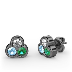 Mini Tria Küpe - Swarovski, akuamarin ve yeşil kuvars 925 ayar siyah rodyum kaplama gümüş küpe #1g7j38m
