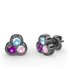 Mini Tria Küpe - Akuamarin, ametist ve pembe kuvars 925 ayar siyah rodyum kaplama gümüş küpe #1gkzzcx