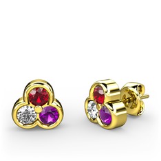 Mini Tria Küpe - Garnet, beyaz zirkon ve ametist 14 ayar altın küpe #1grk02a