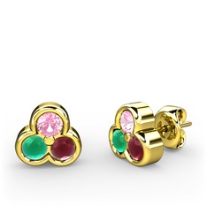 Mini Tria Küpe - Pembe kuvars, kök zümrüt ve kök yakut 14 ayar altın küpe #1h399j4