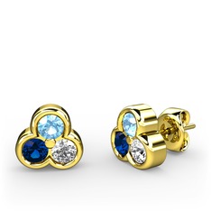 Mini Tria Küpe - Akuamarin, lab safir ve beyaz zirkon 8 ayar altın küpe #1he90ue